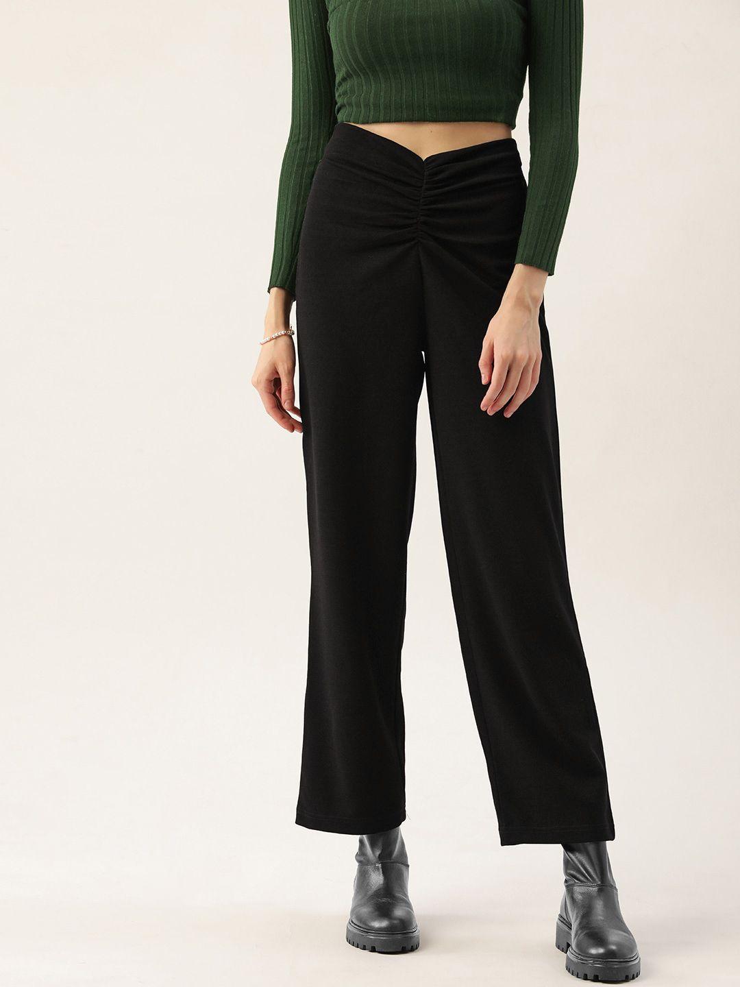 antheaa women black solid flared ruched trousers