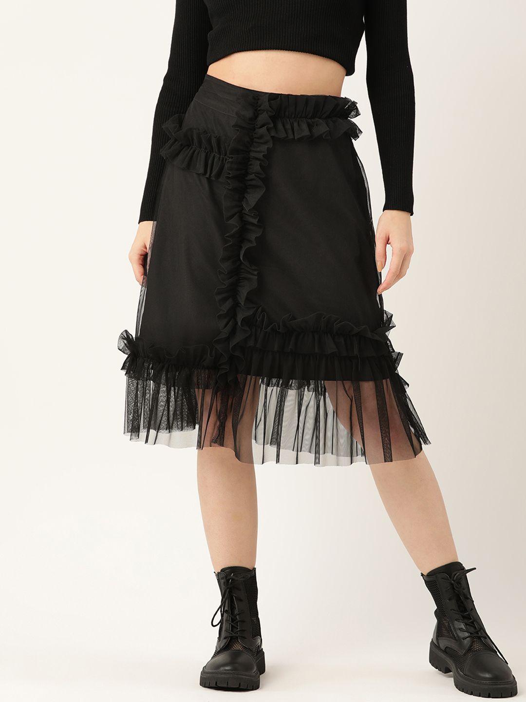 antheaa women black solid frilled a-line net skirt