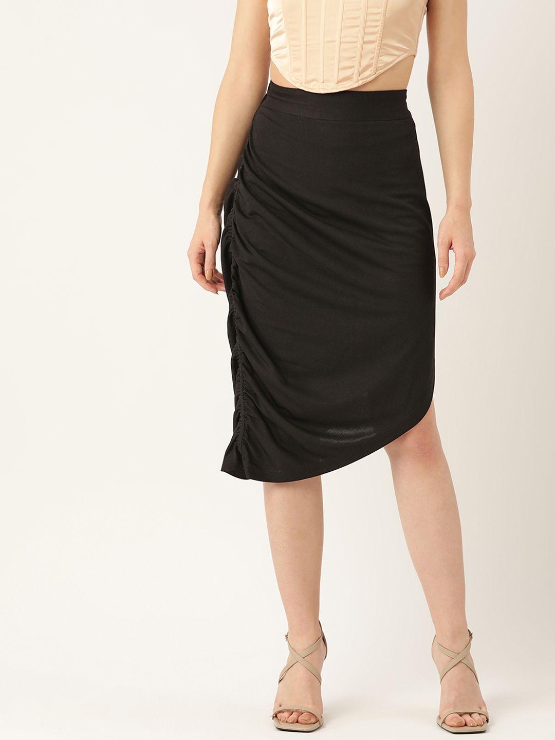 antheaa women black solid ruched a-line skirt