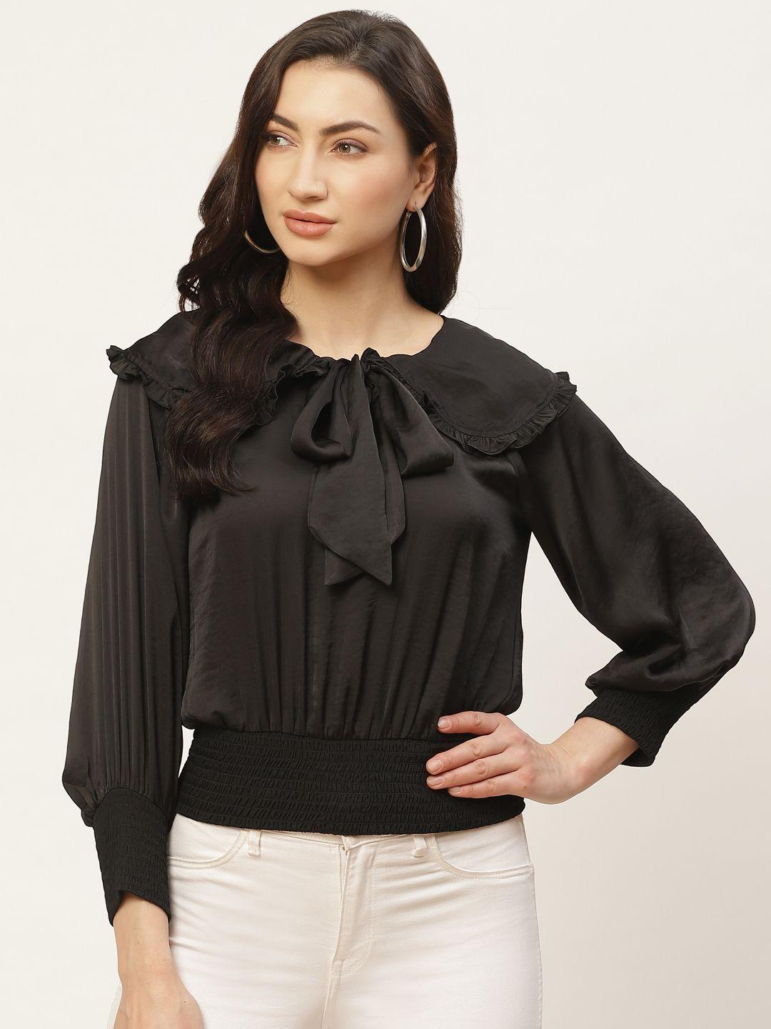 antheaa women black solid smoked & tie-up detail satin finish victorian top