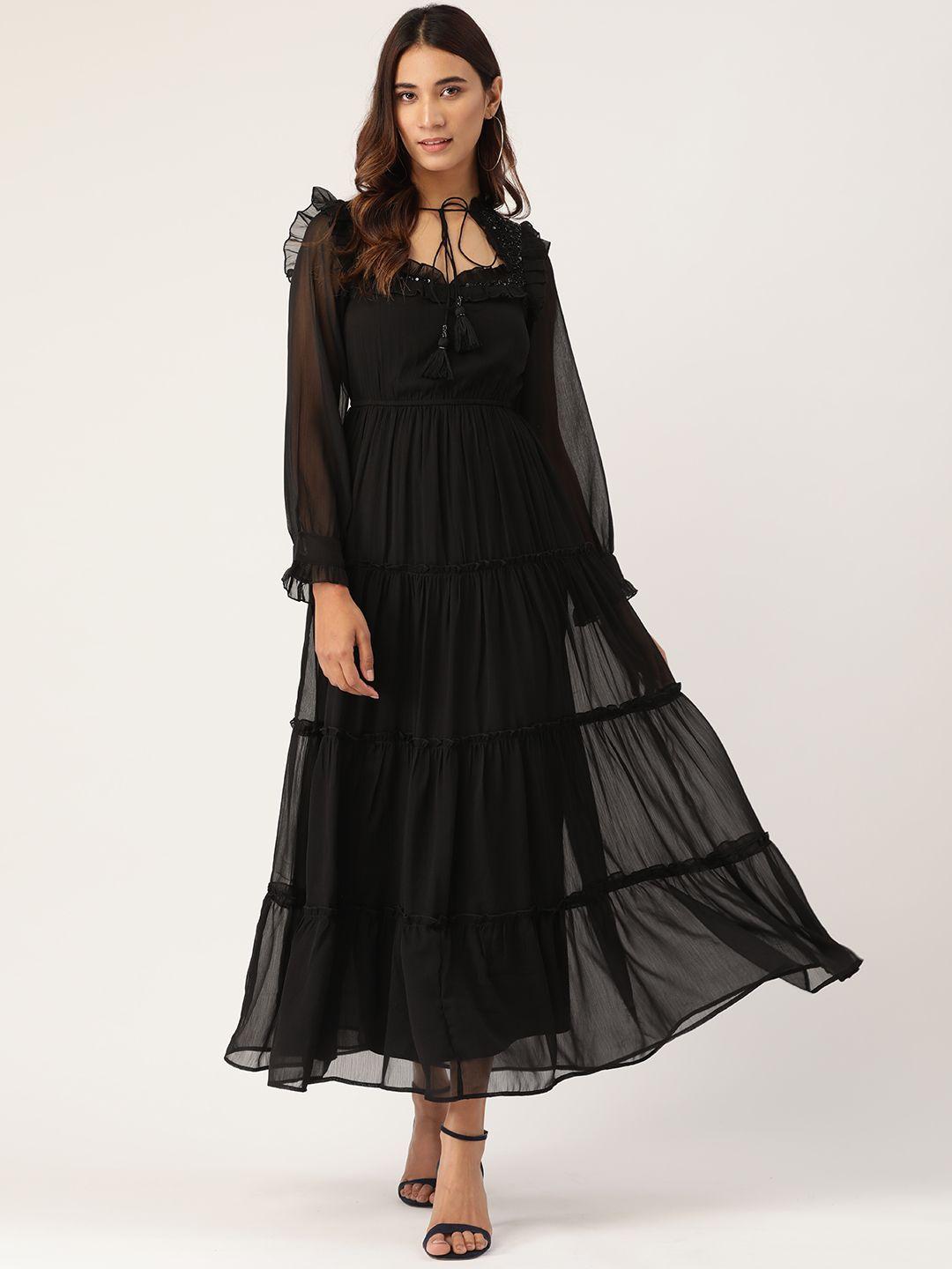 antheaa women black solid tiered maxi dress