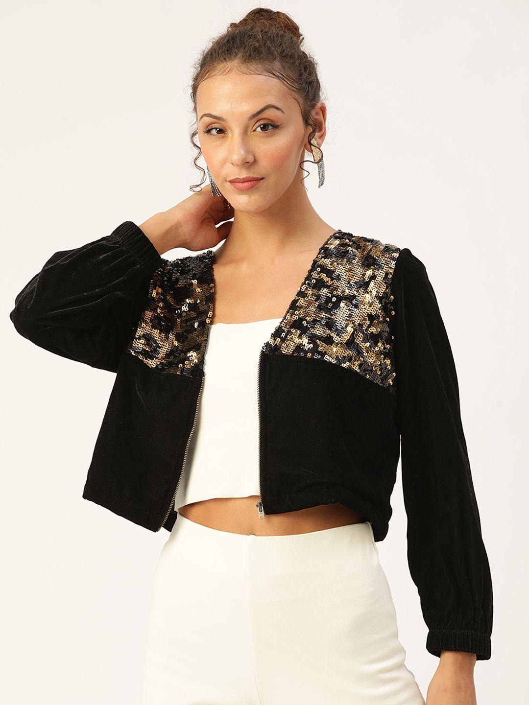 antheaa women black velvet finish embellished jacket