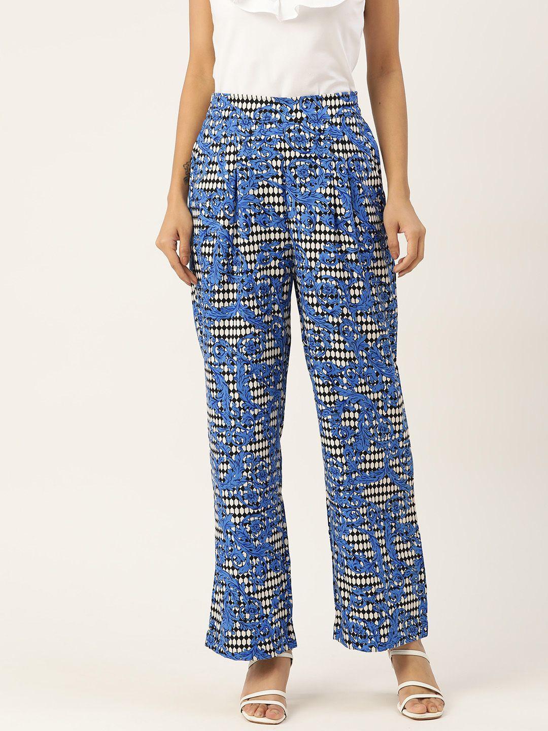 antheaa women blue & black printed comfort tapered fit high-rise pleated trousers