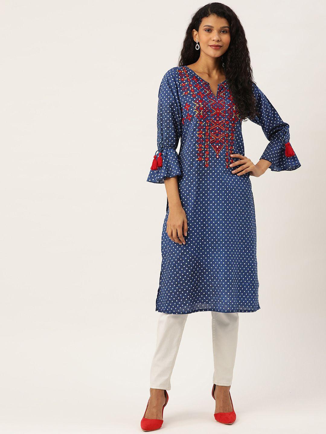 antheaa women blue & white embroidered yoke design & printed straight kurta