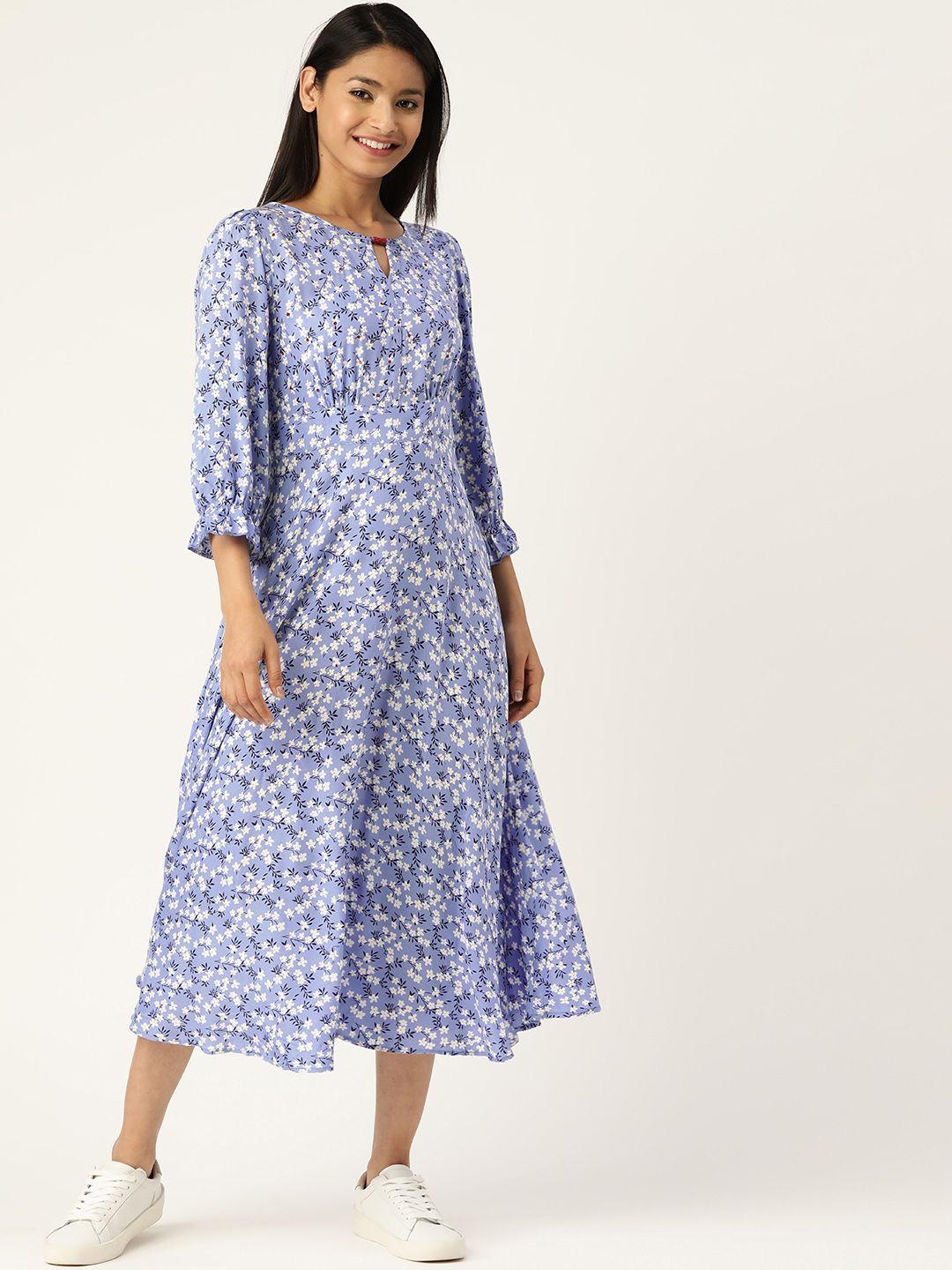 antheaa women blue & white floral print a-line dress