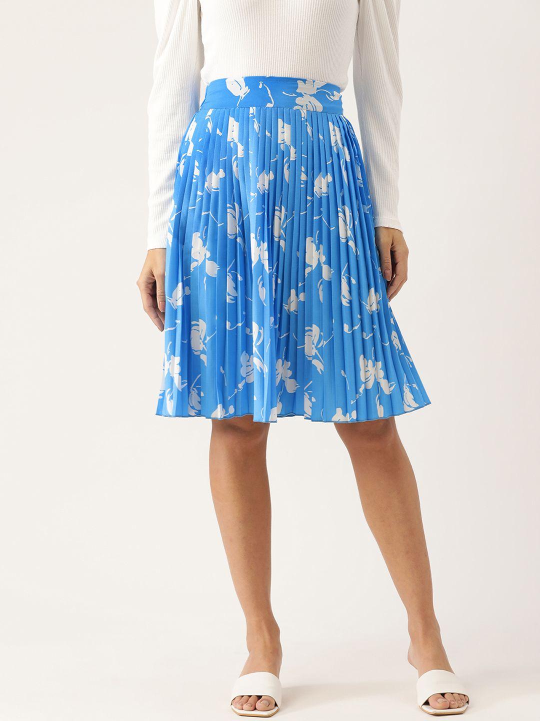 antheaa women blue & white floral printed accordian pleated a-line skirt