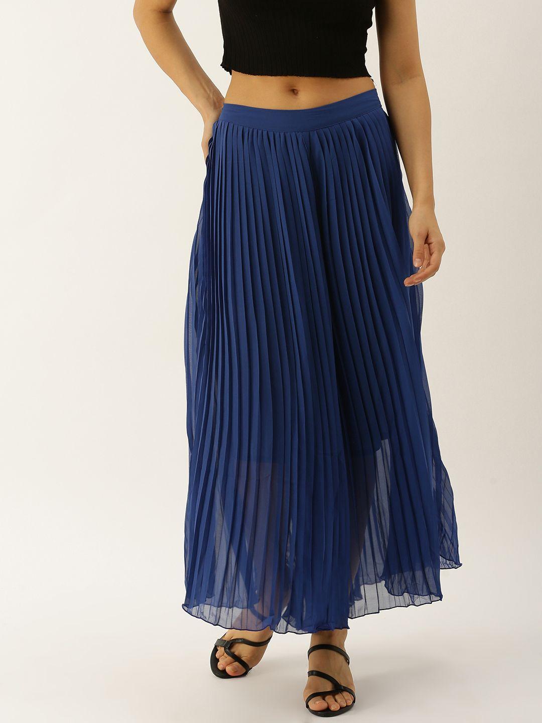 antheaa women blue regular fit solid accordion pleated culottes