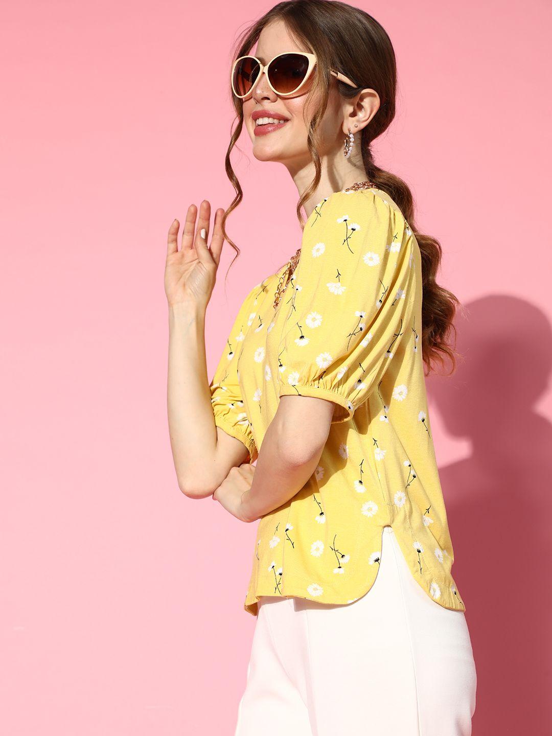 antheaa women bright yellow floral puff sleeves top