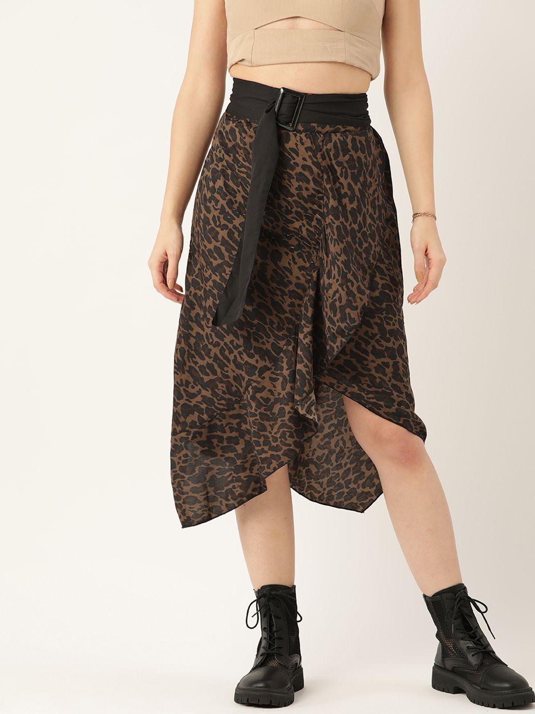 antheaa women brown & black animal printed wrap skirt