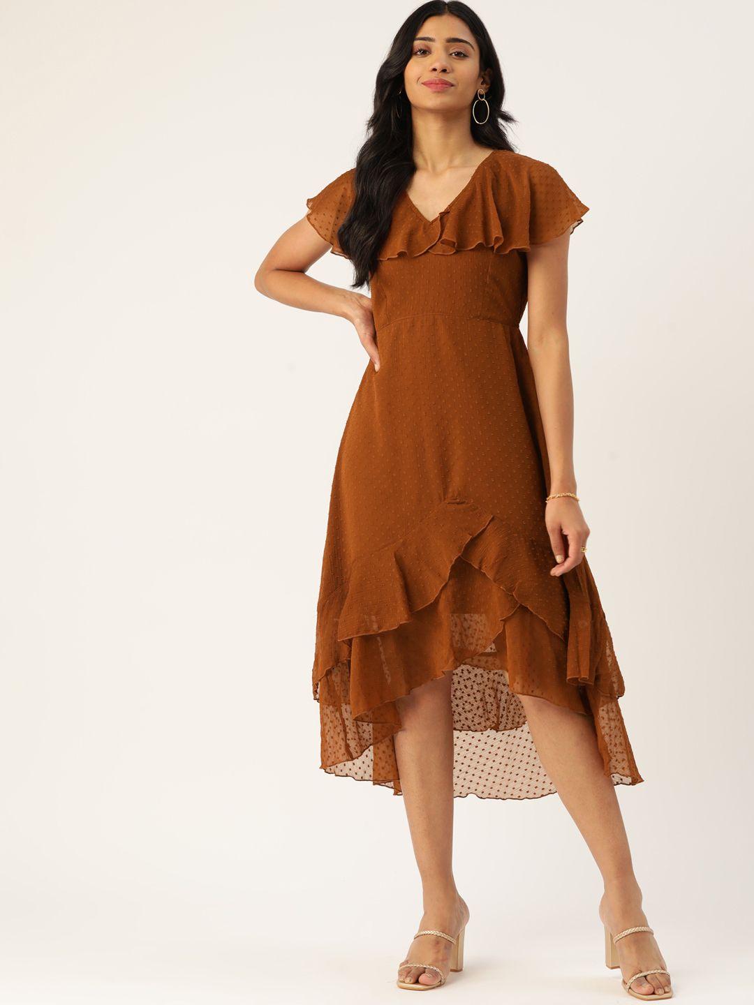 antheaa women brown dobby weave a-line midi dress