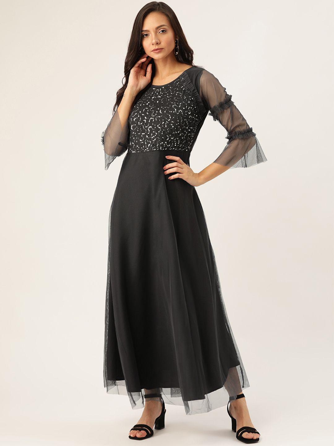 antheaa women charcoal grey embellished net maxi dress