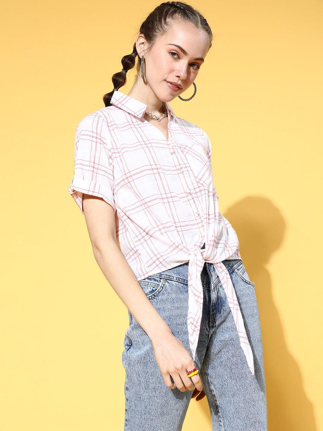 antheaa women classic white checked all in the details shirt