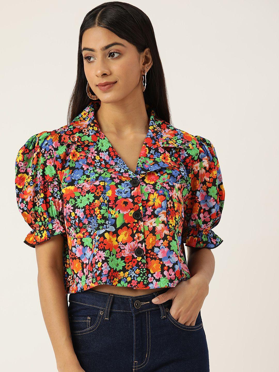 antheaa women comfort boxy floral printed crop shirt