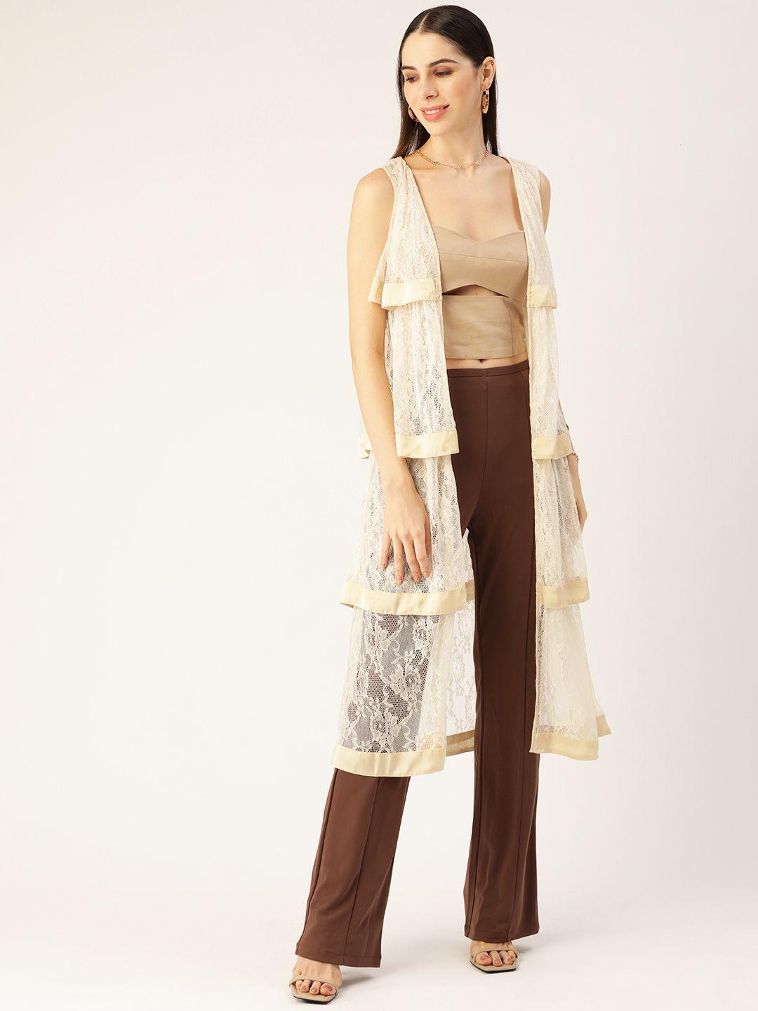 antheaa women cream-coloured self design longline shrug