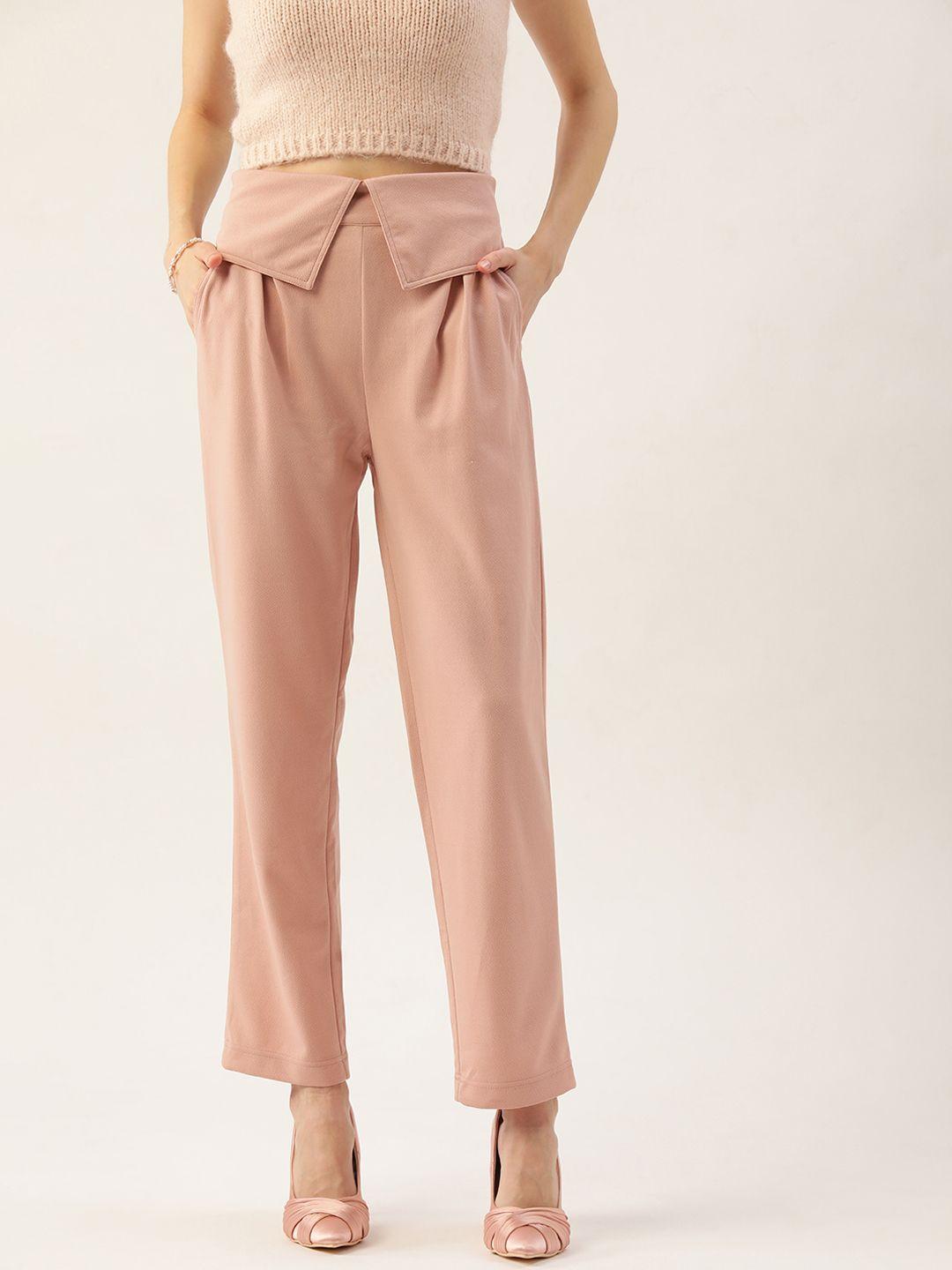 antheaa women dusty pink textured flared high-rise trousers