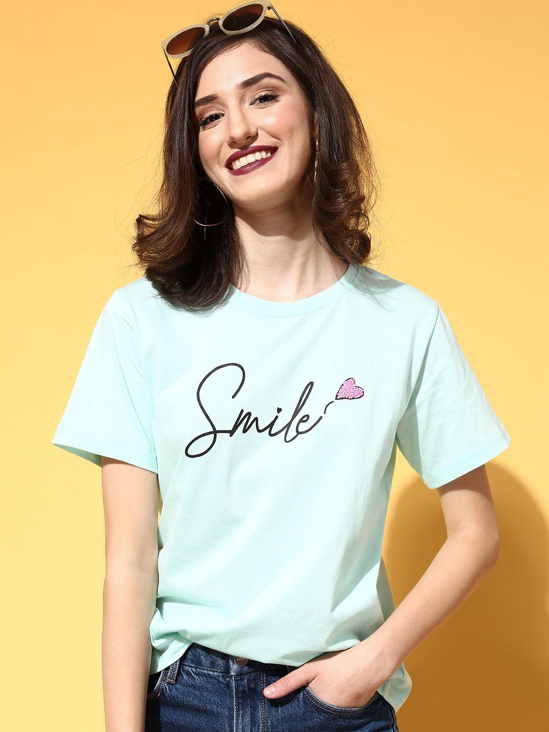 antheaa women enchanting sea green typography joyful conversation tshirt