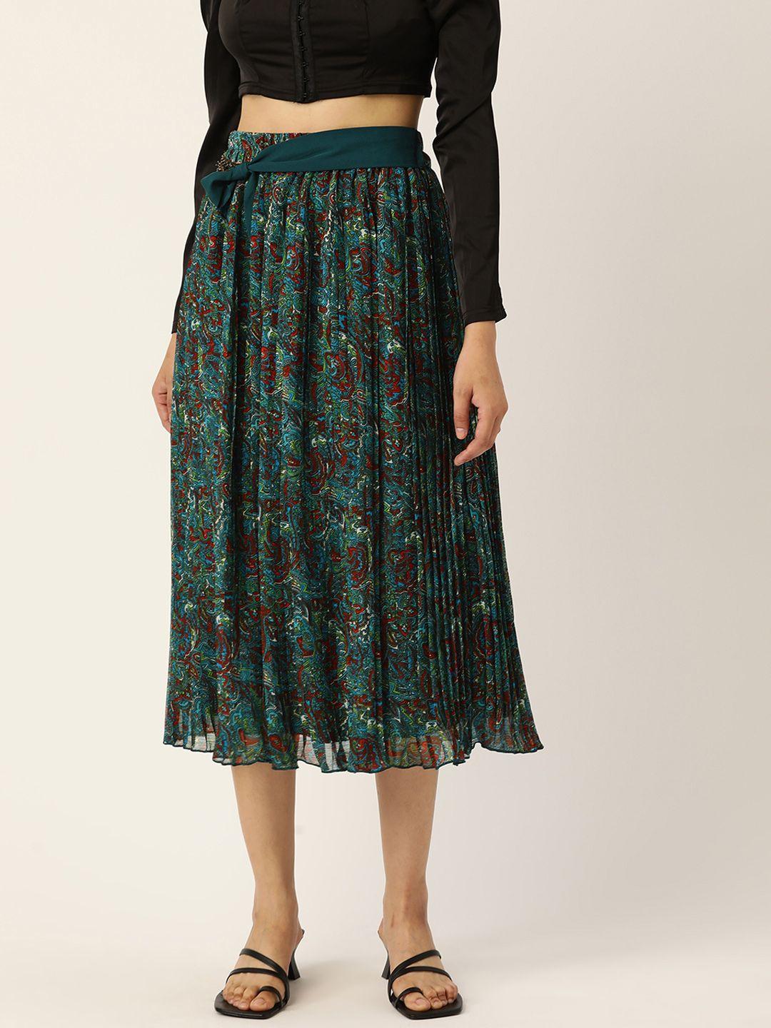 antheaa women green & maroon printed pleated a-line midi skirt