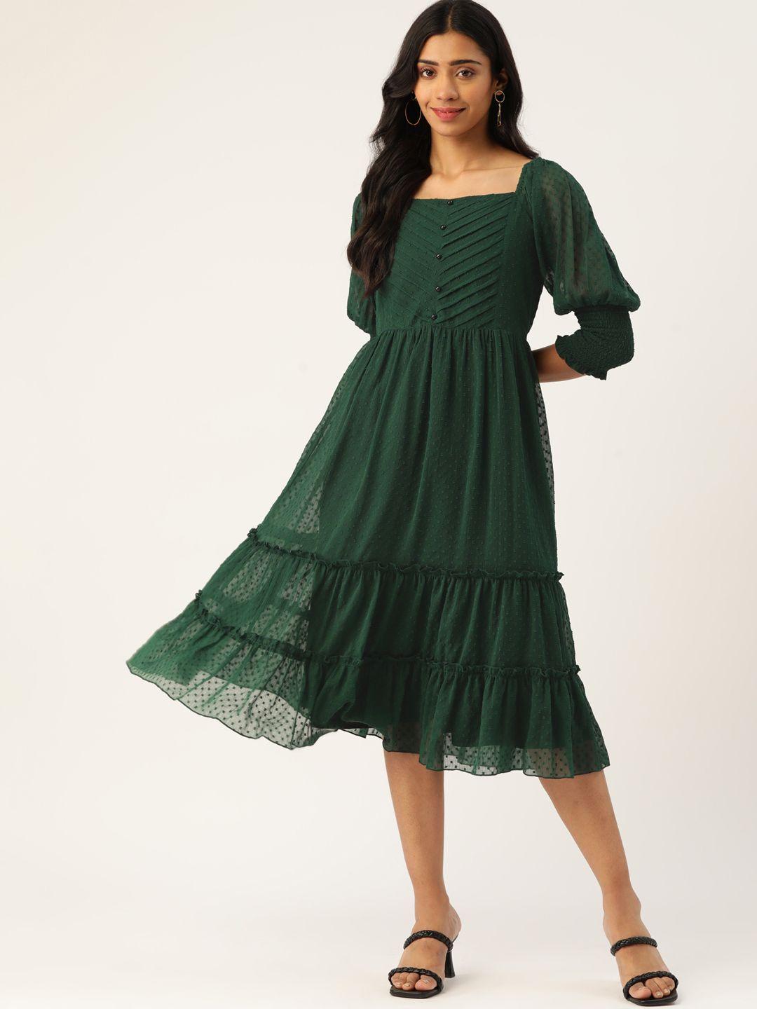 antheaa women green dobby weave tiered a-line midi dress