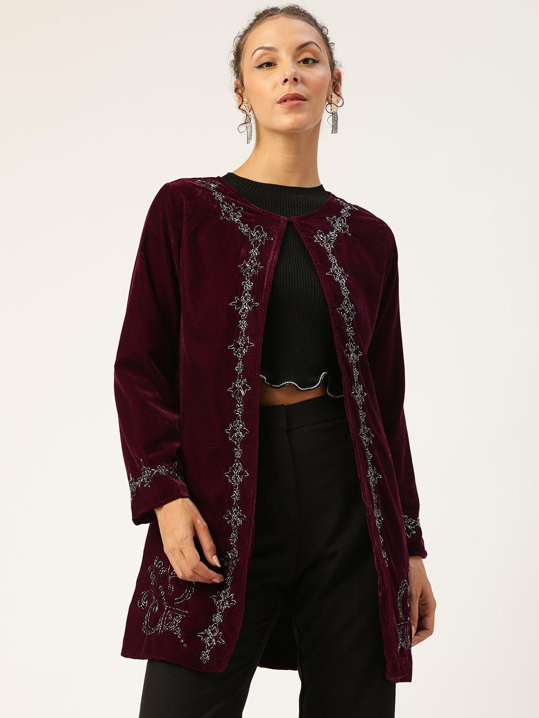 antheaa women maroon embellished velvet finish longline open front jacket