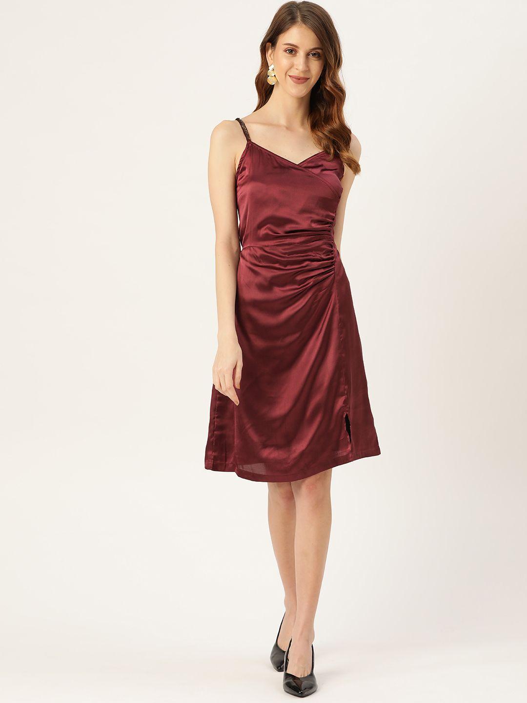 antheaa women maroon satin finish solid wrap dress