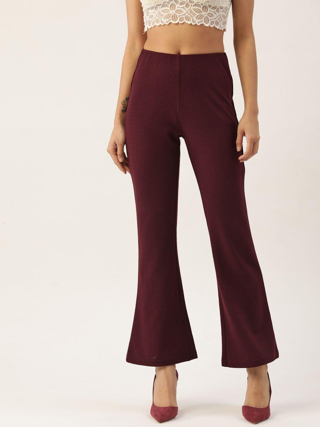 antheaa women maroon solid flared trousers