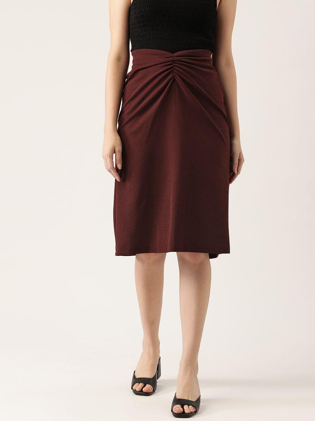 antheaa women maroon solid ruched pencil skirt