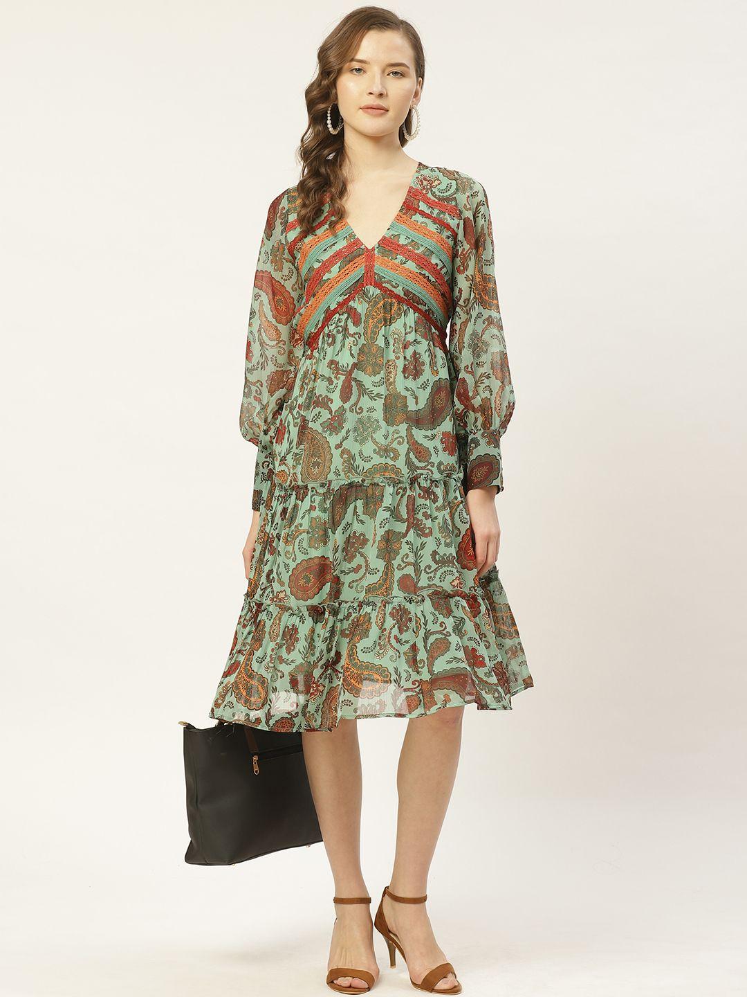 antheaa women mint green & orange paisley print tiered a-line dress with lace inserts
