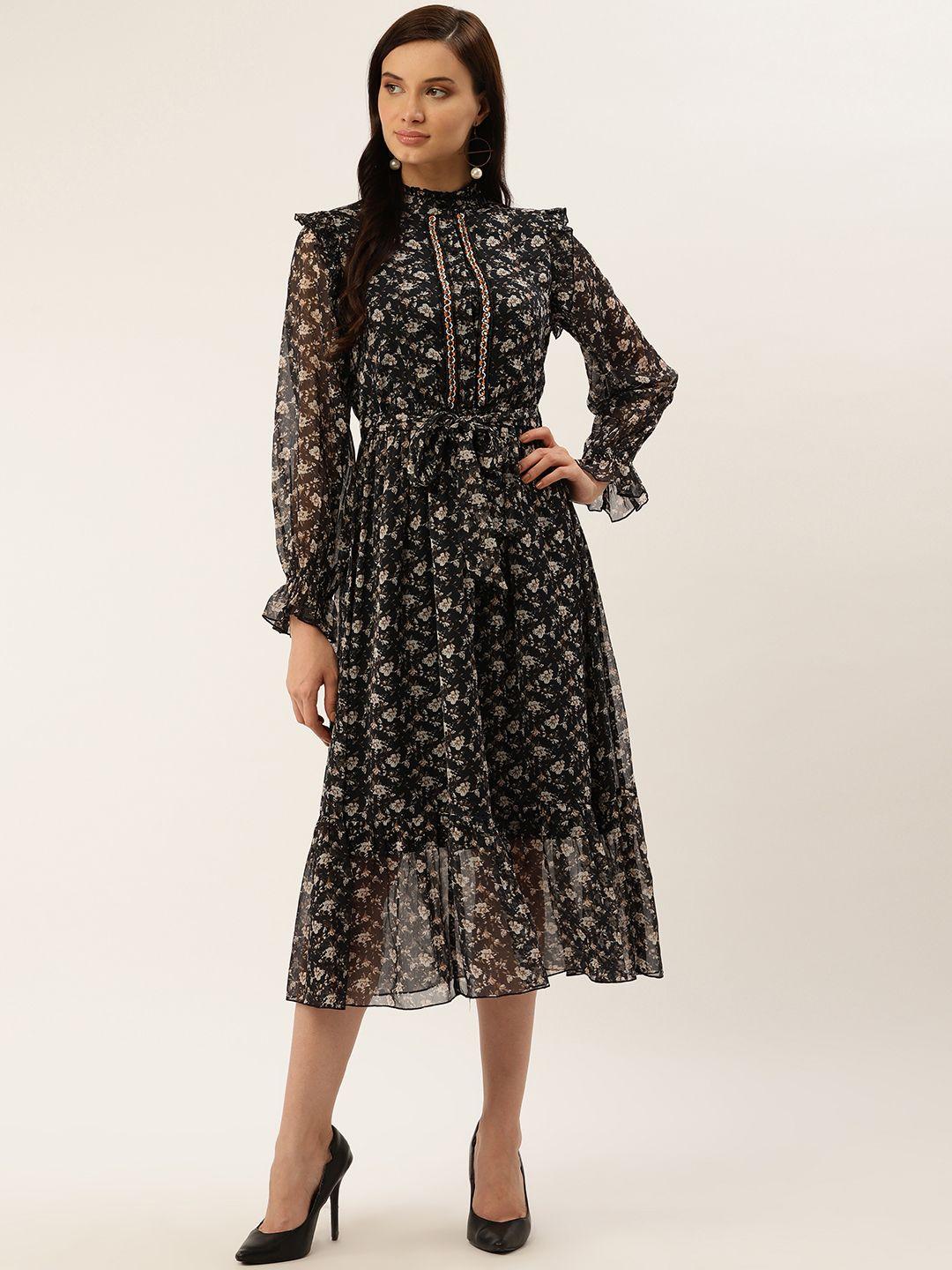 antheaa women navy blue & off-white printed victorian style a-line dress