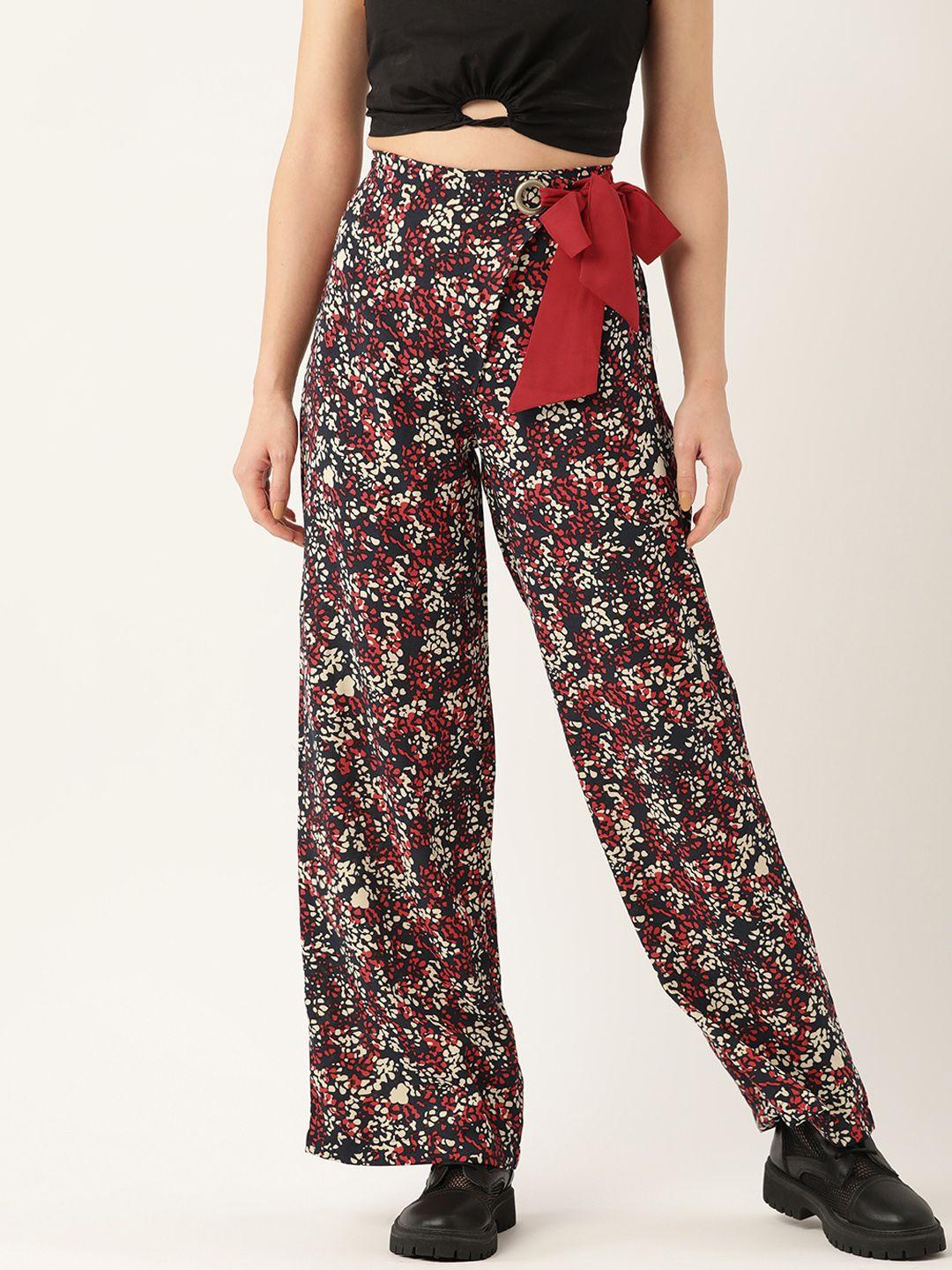 antheaa women navy blue & red printed trousers