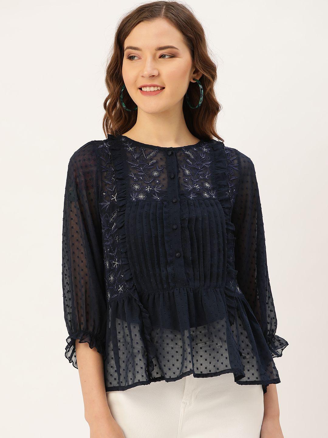 antheaa women navy blue & silver embroidered top