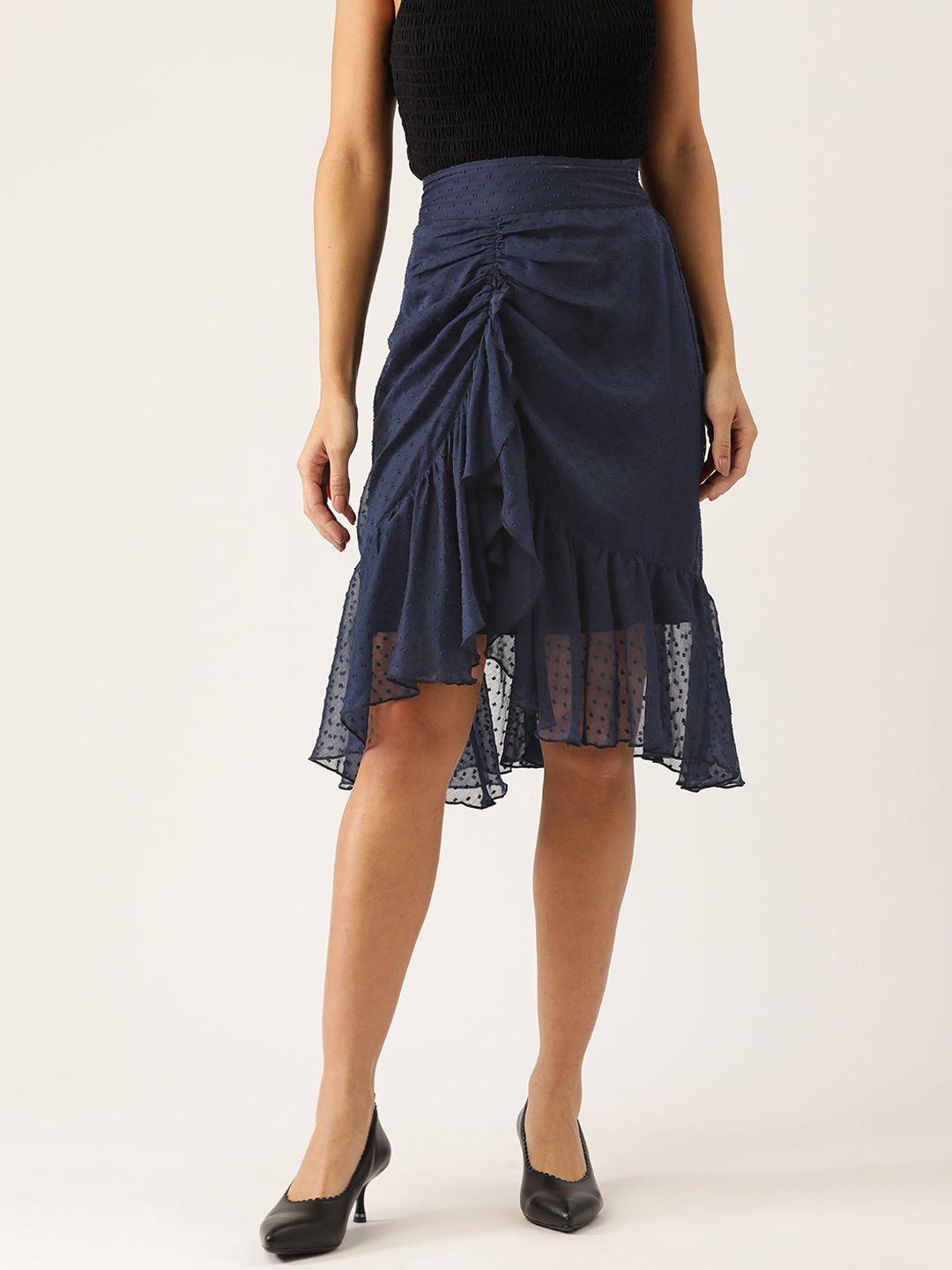 antheaa women navy blue dobby weave frilled pencil skirt