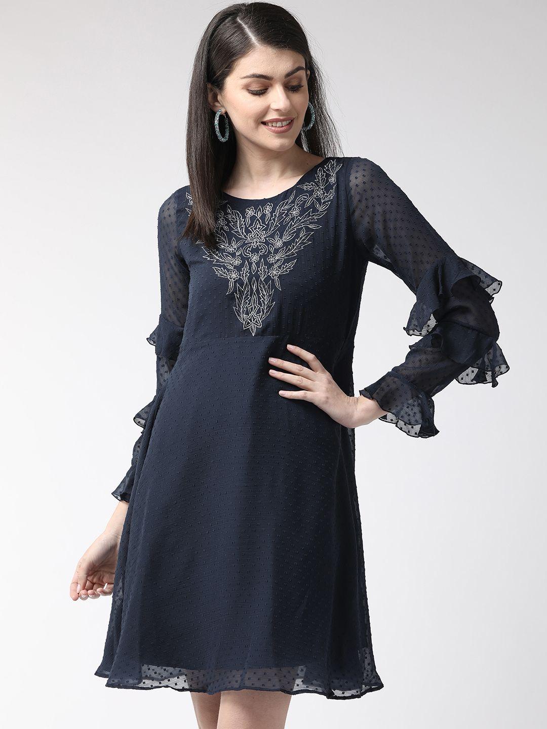 antheaa women navy blue self design a-line dress