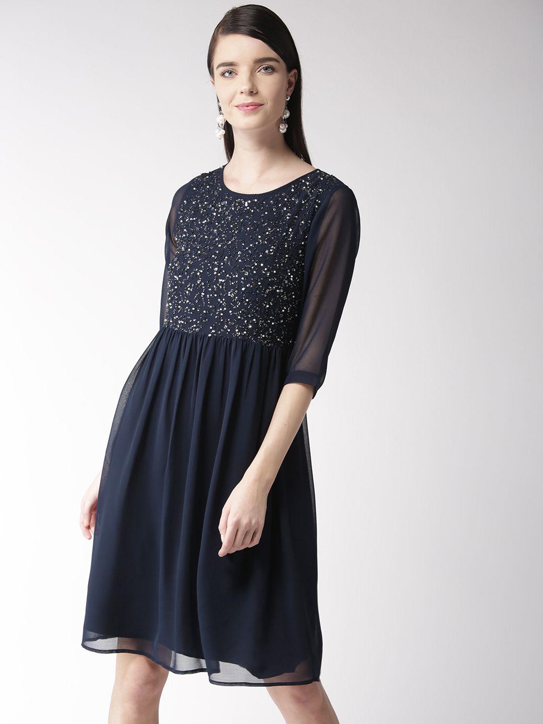 antheaa women navy blue solid fit & flare dress with sequinned detail