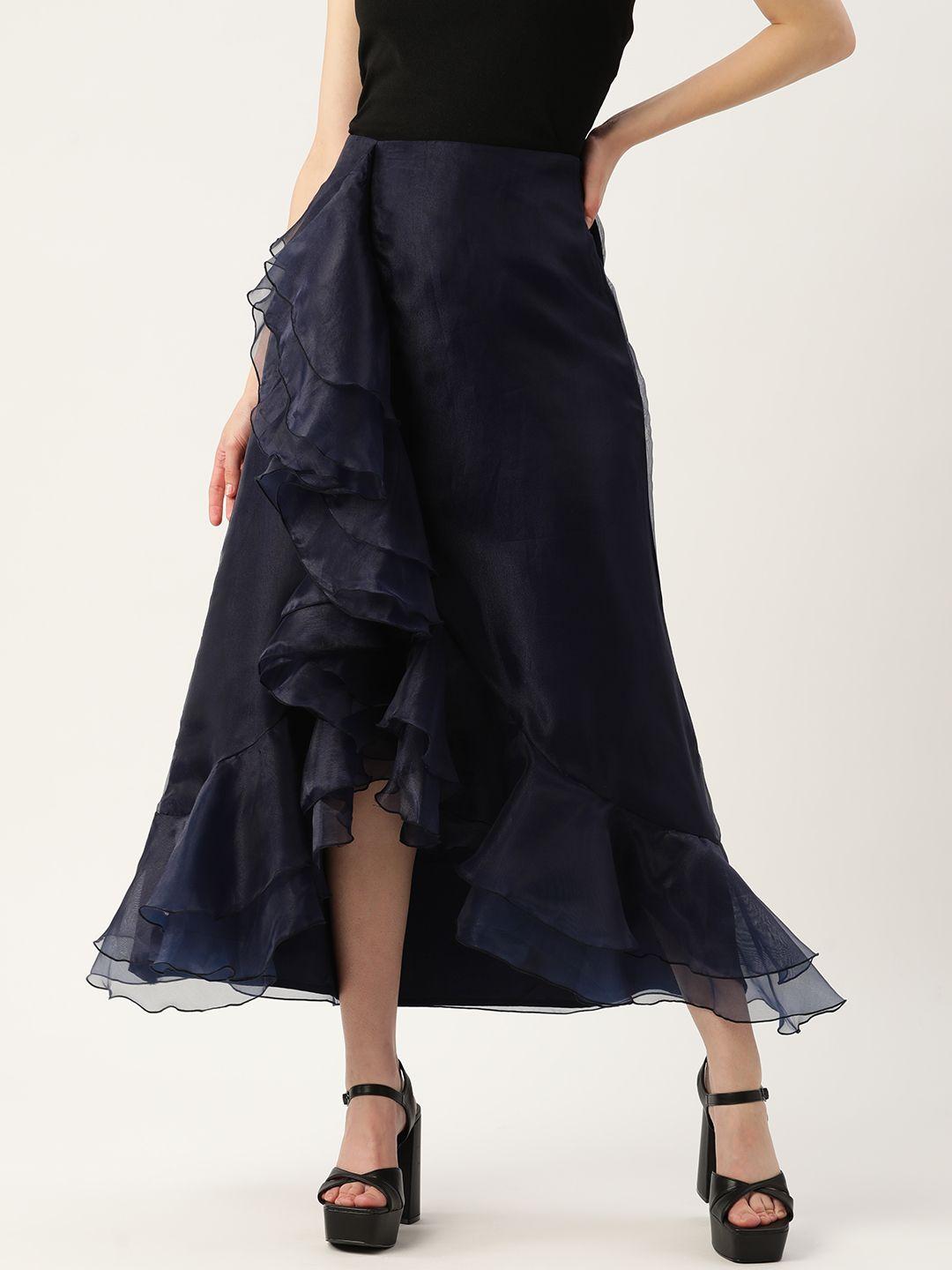 antheaa women navy blue solid organza frilled front slit a-line skirt