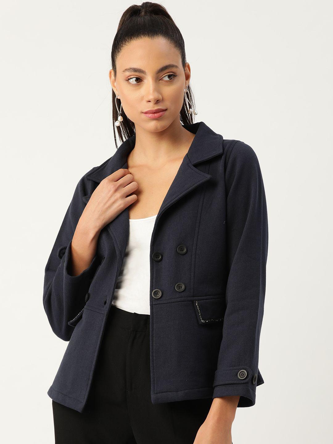 antheaa women navy blue solid tailored jacket