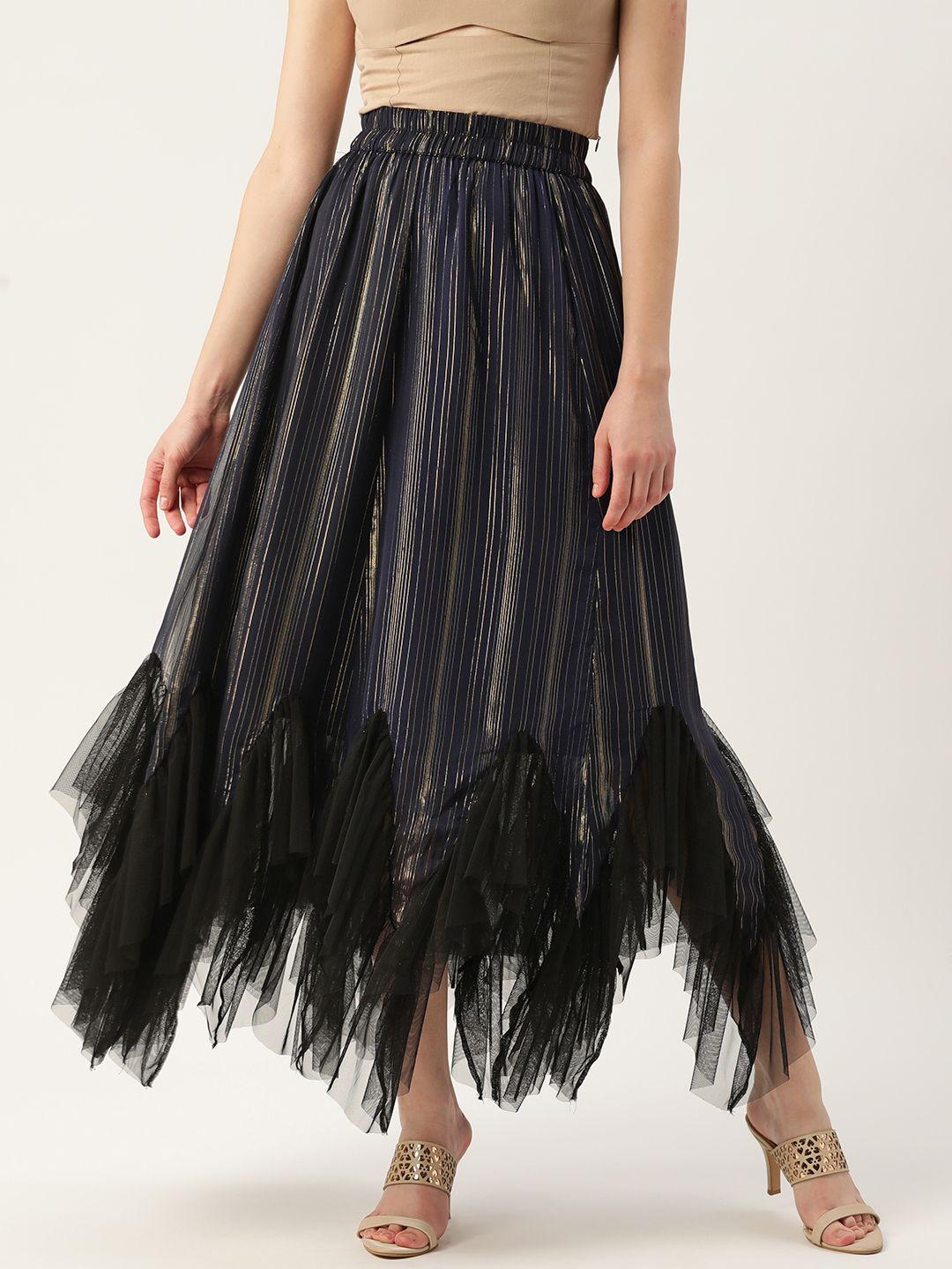 antheaa women navy blue woven design frill a-line skirt