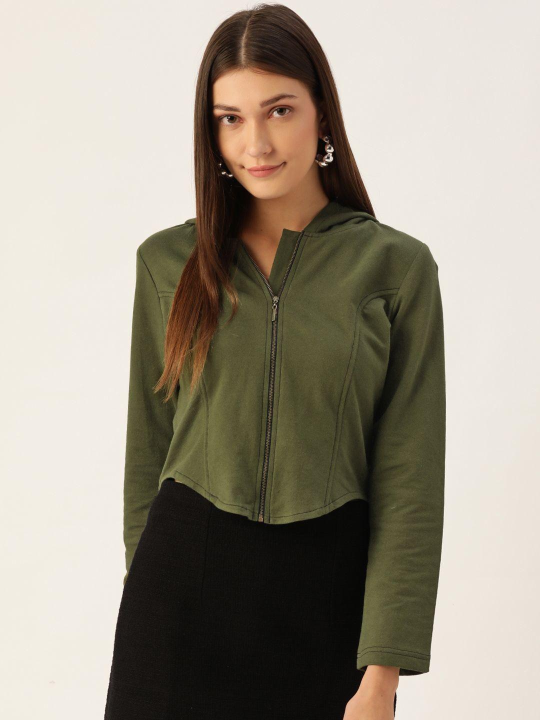 antheaa women olive green crop open front jacket