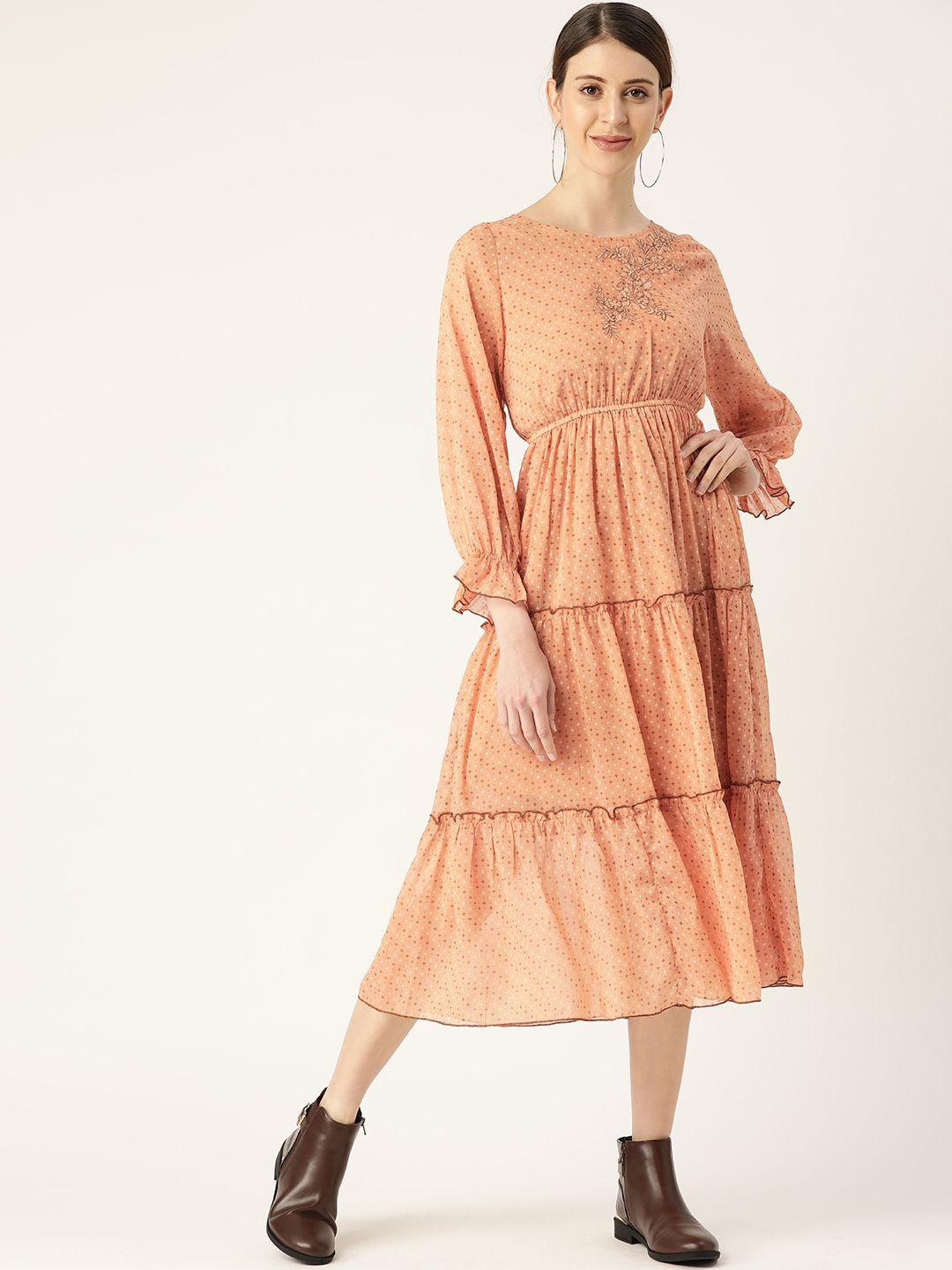 antheaa women peach-coloured & brown printed fit and flare tiered dress with puff sleeves