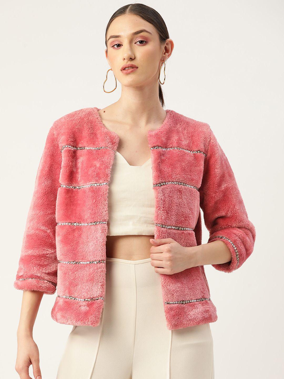 antheaa women peach-coloured embellished faux fur trim open front jacket