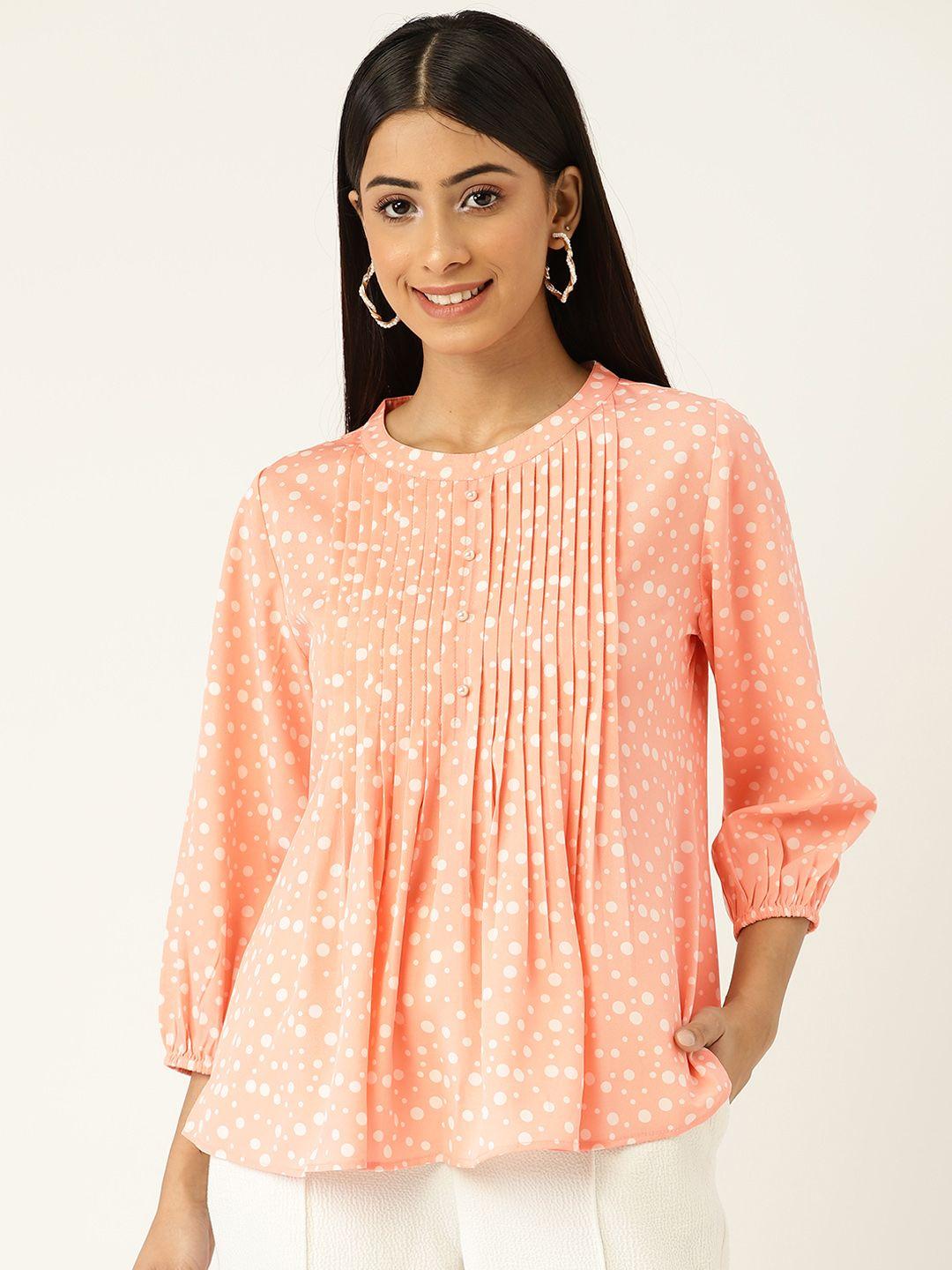 antheaa women peach-coloured geometric print pleated top