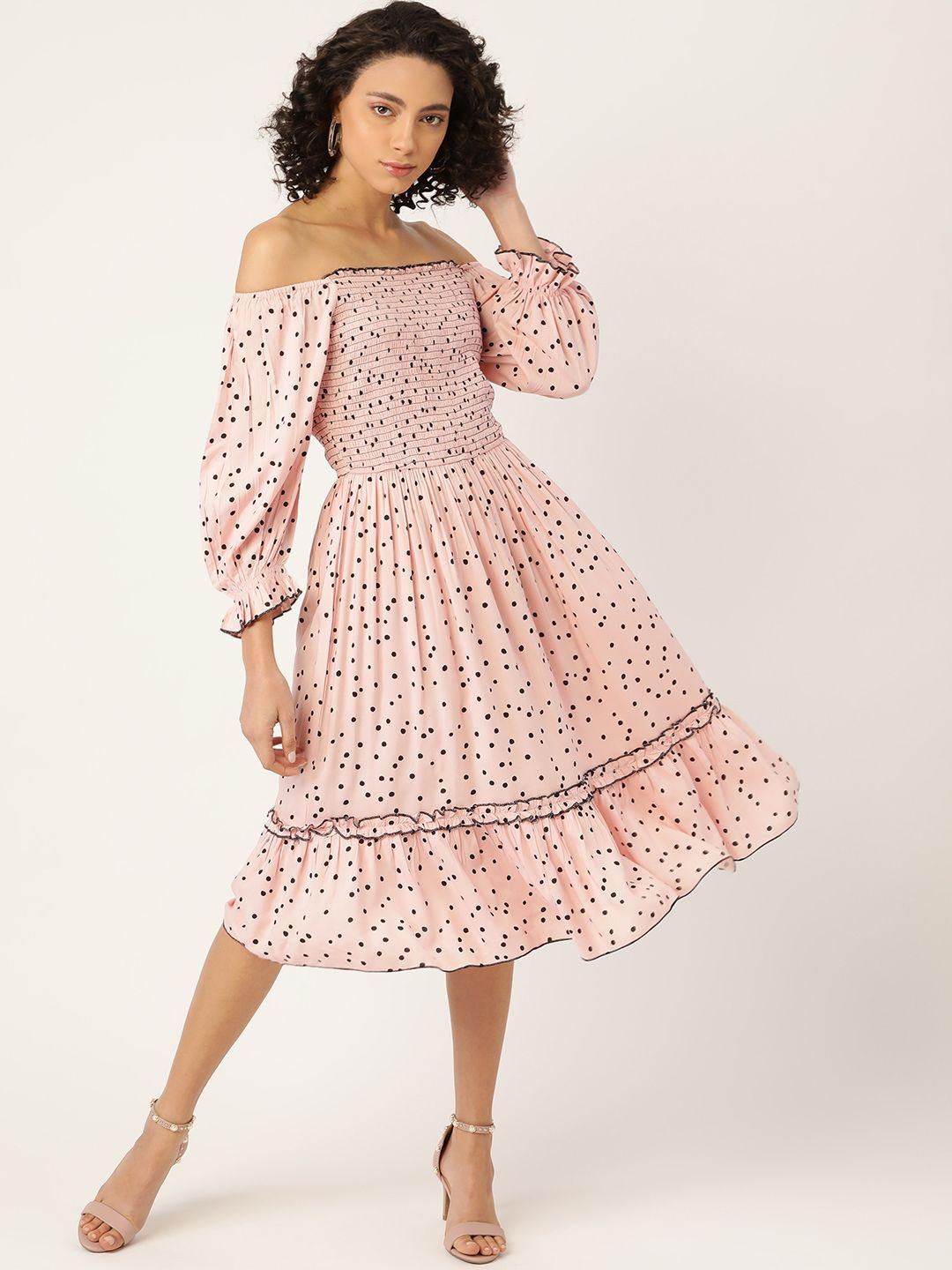 antheaa women pink & black polka dots printed off-shoulder fit & flare dress