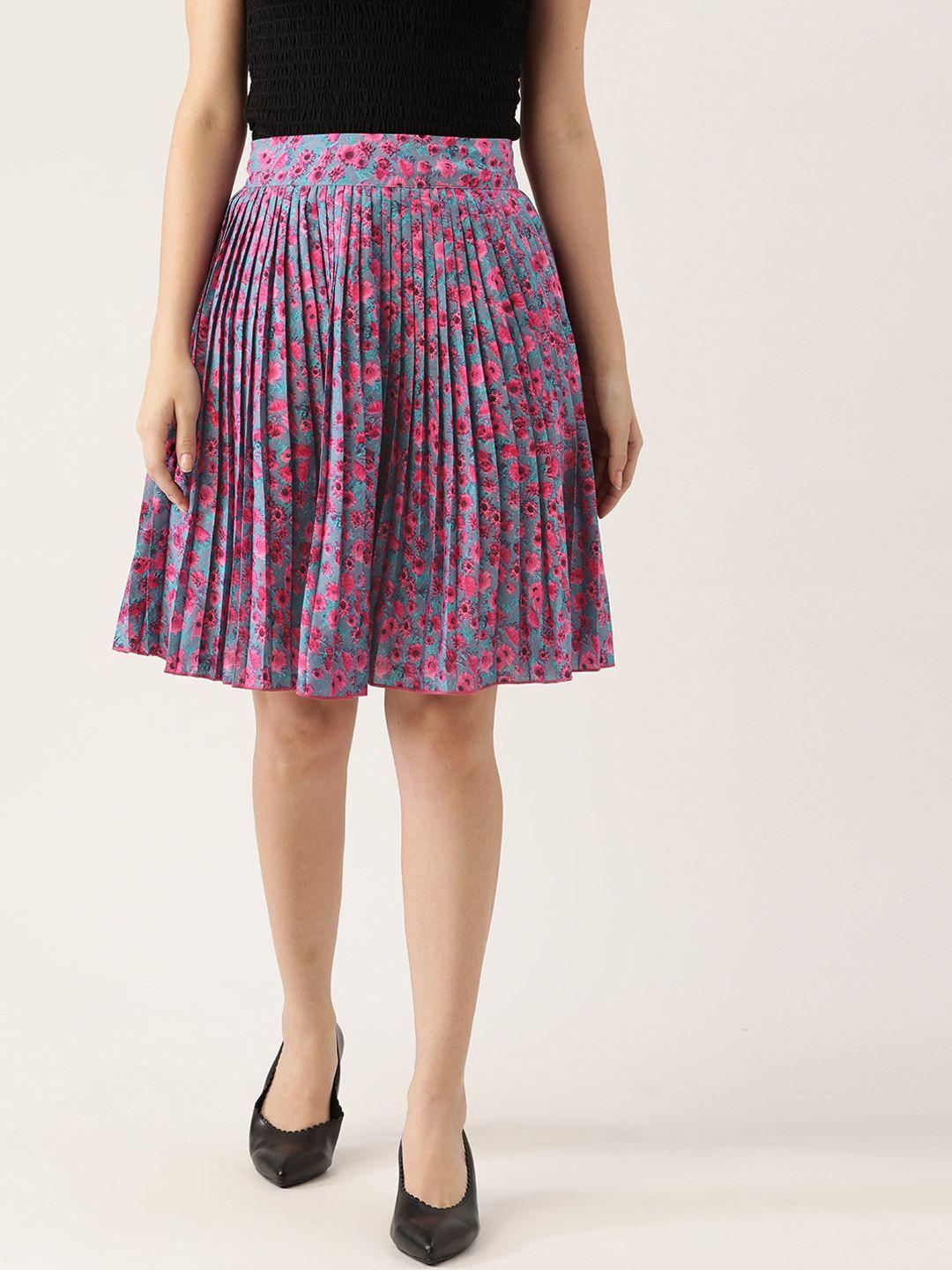 antheaa women pink & blue floral printed accordian pleated a-line skirt