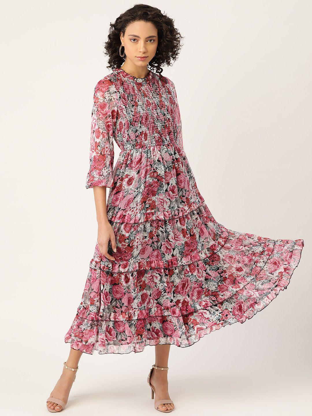 antheaa women pink & red floral print fit & flare tiered midi dress