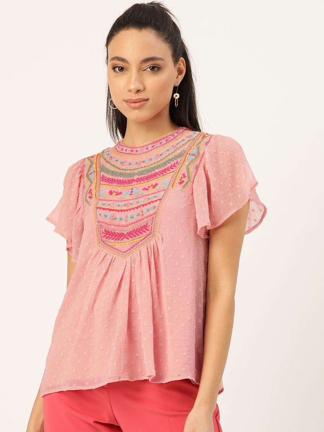 antheaa women pink embroidered dobby weave a-line top