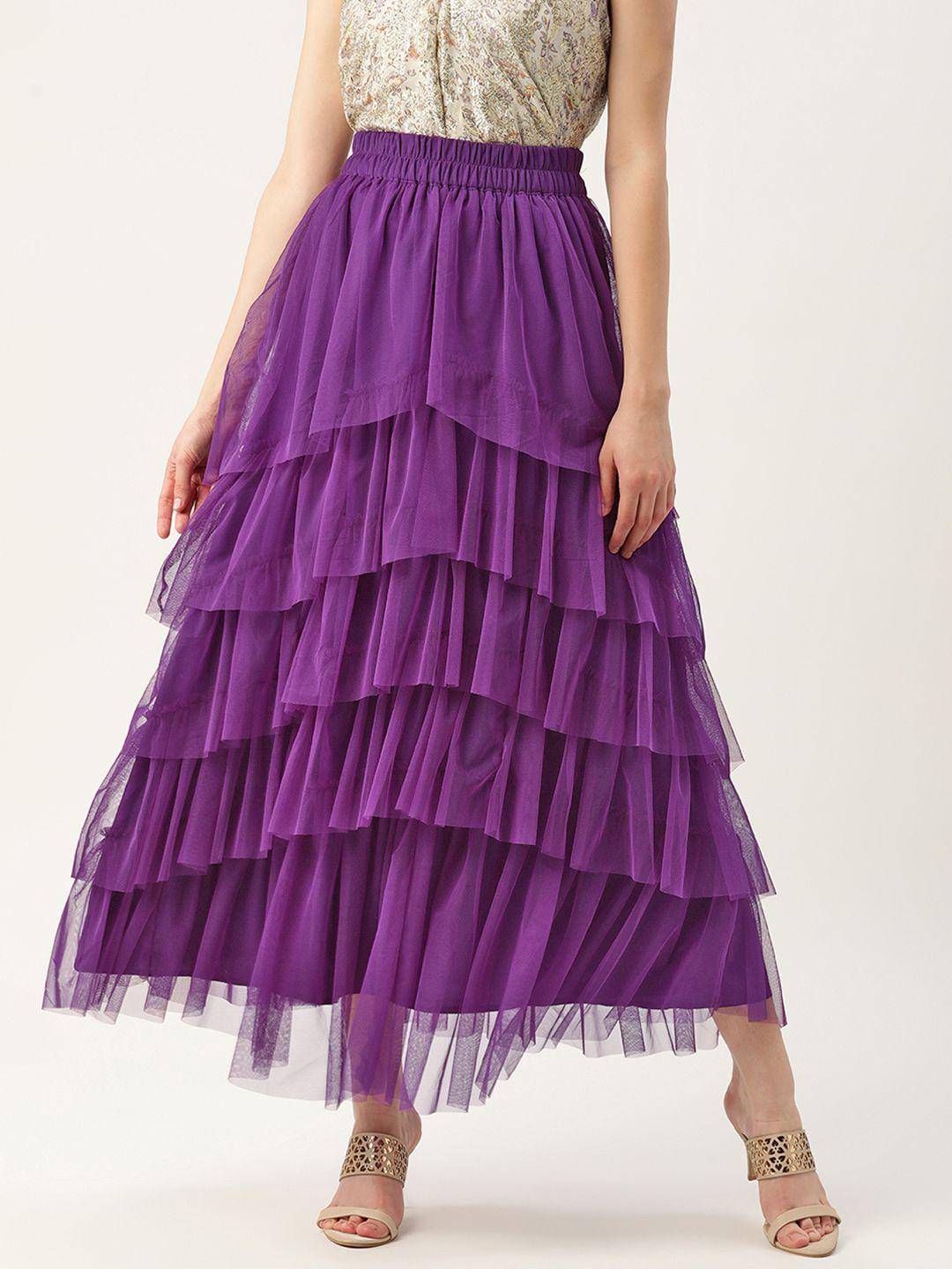 antheaa women purple solid net layered skirt