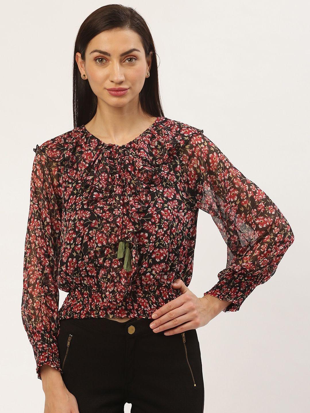 antheaa women red & black floral print cinched waist top