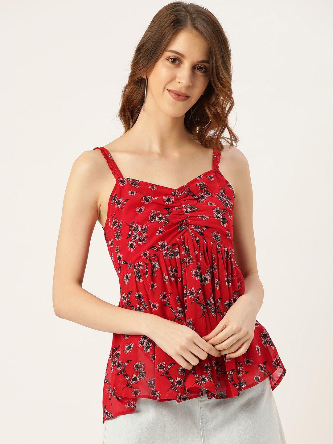 antheaa women red & black floral printed a-line top