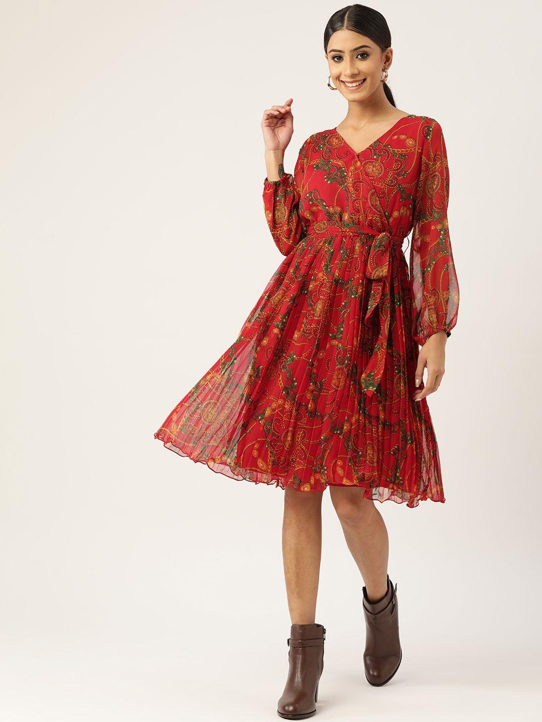 antheaa women red & green floral wrap dress