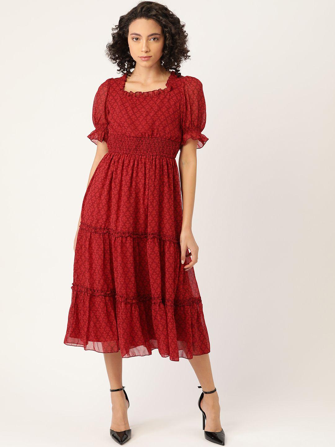antheaa women red & maroon printed smocked fit & flare tiered midi dress