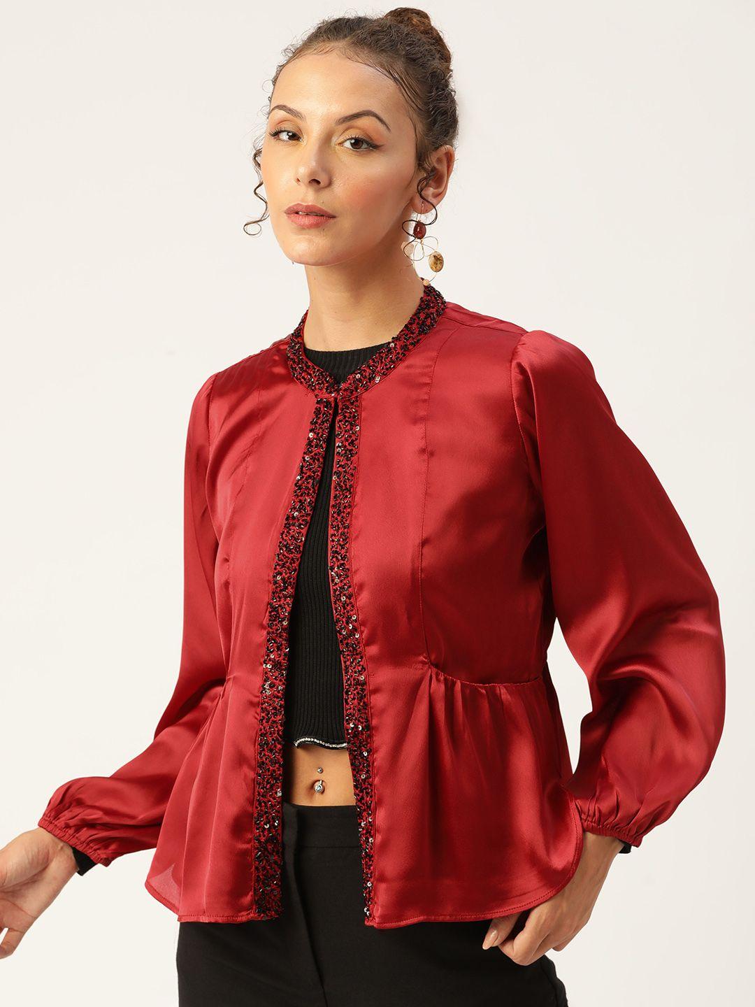 antheaa women red embellished open front shrug